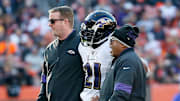 Baltimore Ravens running back Mark Ingram walks off injured Sunday against the Cleveland Browns