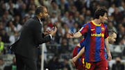 Barcelona's coach Josep Guardiola (L) sp