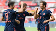 FC Bayern München celebrate one of four goals against Bayer Leverkusen.