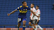 Boca Juniors v River Plate - Copa De La Liga Profesional 2021 - Villa festeja su gol.
