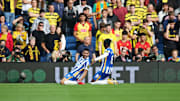 Two of Brighton's stand-out performers, Neal Maupay and Yves Bissouma celebrate a hugely impressive display against Watford