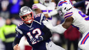 Tom Brady trying to avoid pressure against the Buffalo Bills. 