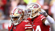 Wide receiver Kendrick Bourne (right) of the San Francisco 49ers