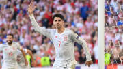 Alvaro Morata celebrates his strike during the eight-goal thriller between Spain and Croatia at Euro 2020