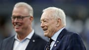 Cowboys executives Stephen, left, and Jerry Jones before a game against the Colts.