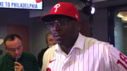 Didi Gregorius answering questions about the Yankees after signing with the Philadelphia Phillies