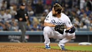 Los Angeles Dodgers pitcher Clayton Kershaw (foreground) during Game 5 of the 2019 NLDS