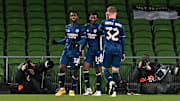 Arsenal celebrate their opening goal in the Europa League group stage clash against Dundalk