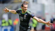 Gareth Bale celebrates his free kick against England