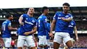 Everton celebrate scoring against Manchester United.