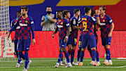 Barcelona celebrate scoring against Athletic Club last time out.