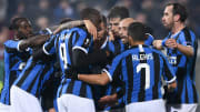 Inter players celebrating their group stage win over Ludogrets.