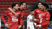 La joie des Rennais suite au but vainqueur d'Adrien Hunou. 