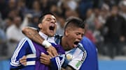 FBL-WC-2014-MATCH62-NED-ARG - Marcos Rojo y Pérez, unidos por Argentina.