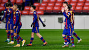 Lionel Messi celebrating the winner against Levante