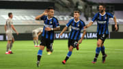 Lautaro Martínez wheels away after scoring for Inter in the Europa League semi-finals