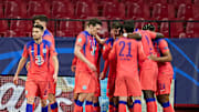 Chelsea celebrate their first-half goal