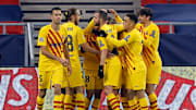 Los jugadores del Barça celebran un gol contra el Ferencváros