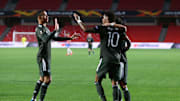 Manchester United celebrate going 1-0 up against Granada on Thursday night 