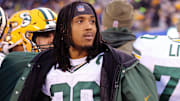 Green Bay Packers cornerback Kevin King on the sidelines in a game against the New York Giants