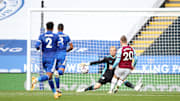 Jarrod Bowen slots West Ham United's third goal of the afternoon past Kasper Schmeichel