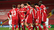 Liverpool celebrate scoring Diogo Jota's opener