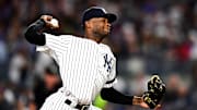 Domingo German on the mound vs. the Los Angeles Angels of Anaheim 