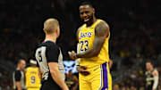 LeBron James arguing a call against the Milwaukee Bucks on Thursday night. 