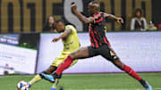 Aug 14, 2019; Atlanta, GA, USA; Club America midfielder Renato Ibarra (30) kicks the ball past
