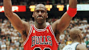 Michael Jordan of the Chicago Bulls celebrates aft