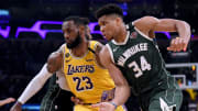 LeBron James of the Los Angeles Lakers taking on Giannis Antetokounmpo of the Milwaukee Bucks