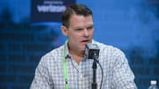 Chris Ballard answering questions from the media at the 2020 Combine