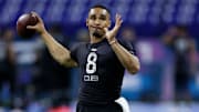 Former Oklahoma superstar QB Jalen Hurts at the NFL Combine 