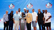 Ty Law and Patriots team mates at the NFL Hall of Fame Enshrinement Ceremony in February 2019