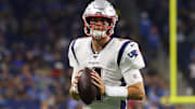 Jarrett Stidham looking to pass in a preseason game vs. the Detroit Lions