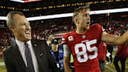 Lynch and Kittle celebrating a win vs. the Raiders