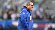 Dave Gettleman looking on during warmups before a game between the Giants and the Eagles.