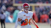 Adam Trautman running after the catch in the 2020 Senior Bowl