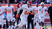Trautman running a route at the 2020 Senior Bowl