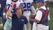 Jason Garrett gets called for unsportsmanlike conduct for throwing challenge flag at ref.