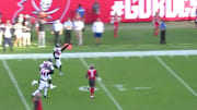 James Winston watches Falcons LB Deion Jones take his final pass of the 2019 season to the house.