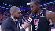 Kawhi Leonard giving a postgame interview.