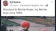 Ed Kelce reveals a photo of his sons Travis and Jason sporting Bernie Kosar gear. 