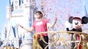 Kansas City Chiefs QB Patrick Mahomes celebrates at Disney World after Super Bowl LIV victory.