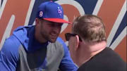 Tim Tebow meets shakes hands of special needs fans at Mets Spring training.