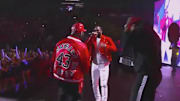 Dwayne Wade and Rick Ross on stage performing Season Ticket Holder.