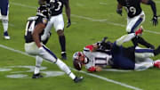 Julian Edelman fumbles on reception, leading to Ravens 70 yard touchdown on Sunday.