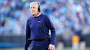 Pete Carroll on the sideline for the Seahawks against the Panthers.