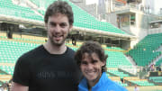 Spain's Rafael Nadal (R) poses with his