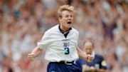 Stuart Pearce celebrates his penalty against Spain